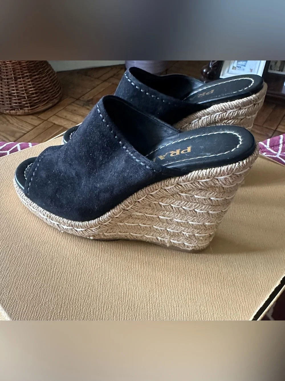 Prada Black Suede Espadrille Wedge Mules